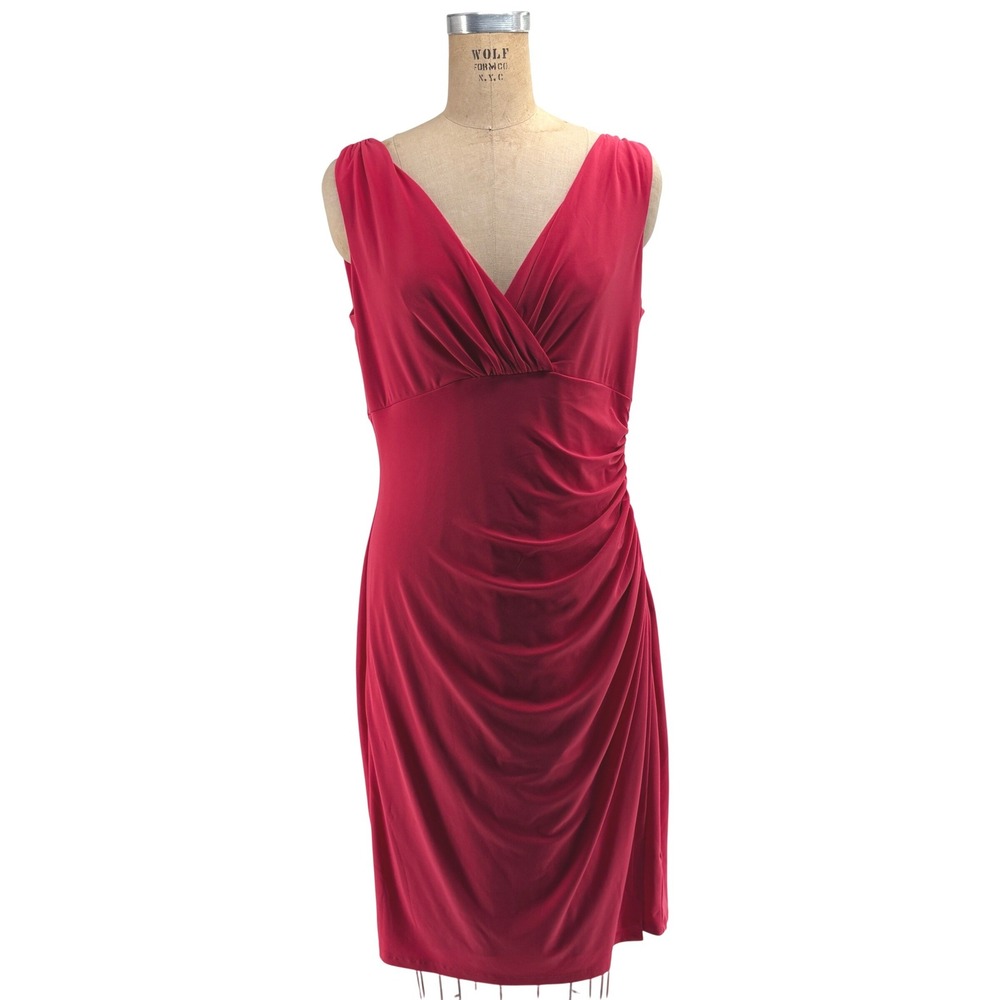 Lauren Ralph‎ Lauren Red Ruched V-Neck Sleeveless Cocktail Dress Size 12 1352744